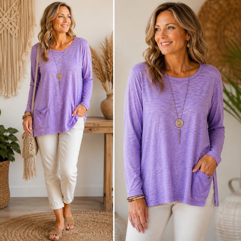 LOGO by Lori Goldstein XL Lavender Slub Cotton Tunic Top Pocket Swing Hem